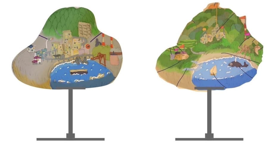 Rough drawing of the diorama model showing the “present” (left) and the “future” (right).