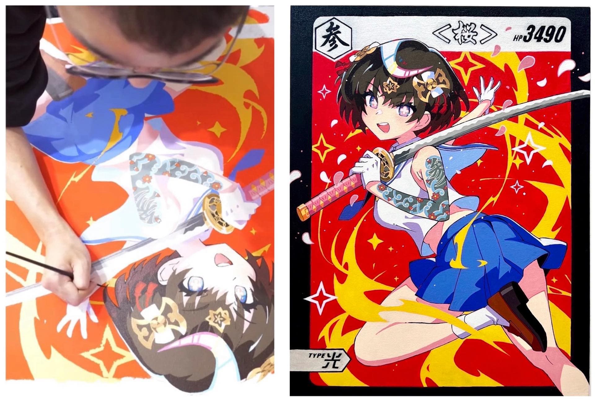 First analog painting: SAMURAI GIRL -SAKURA-, 2024, Acrylic on canvas, 845x645mm (Right: Work in progress)